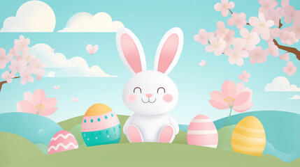 Cute easter bunny with colorful eggs in spring blossom background for holiday celebration design