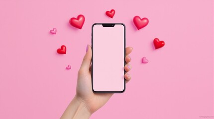 Valentine’s Day Love: Woman Holding Phone with Blank Screen and Hearts against Pink Background