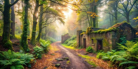 Fototapeta premium Urban Exploration in Delamere Forest, Cheshire: Discover Hidden Paths, Forgotten Structures, and Lush Greenery in a Serene Natural Setting