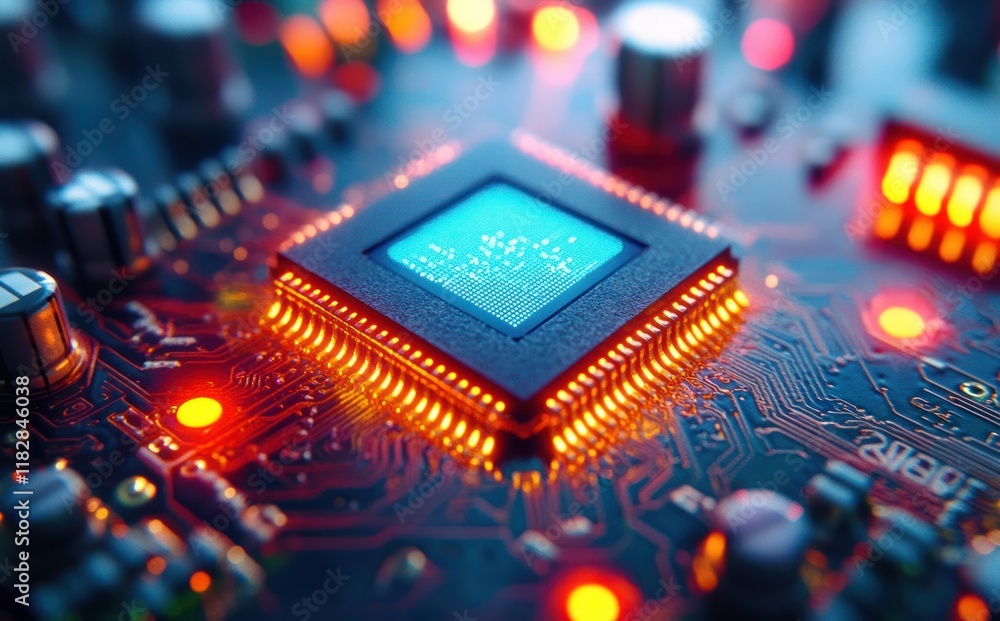 Poster Macro Shot of Microchip Circuit Board with Neon Lighting in Cyberpunk Style