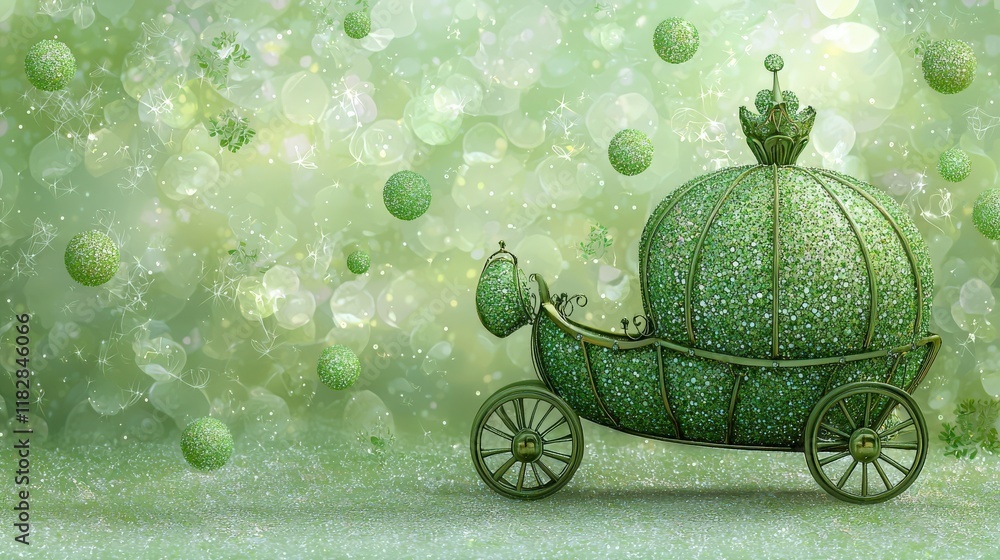 Poster Elegant green carriage with sparkling decorations and enchanting background of soft green bokeh lights