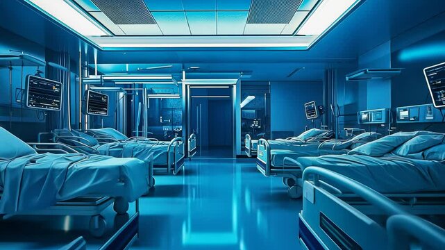 State-of-the-art neon-lit hospital room featuring multiple empty beds and high-tech medical equipment. Captures a centralized medical care theme, emphasizing modern healthcare advancements.