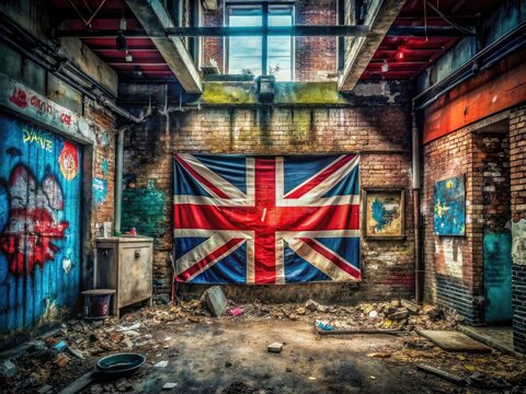 Fototapeta Urban Exploration UK Flag Photography: Abandoned Building, Graffiti Art, A-Z Street Photography