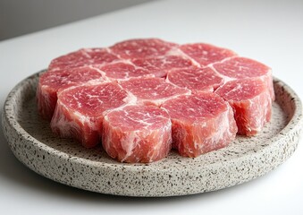 Fototapeta premium Close-up meat tray showcasing beef with marbling details in a plastic container on a white background