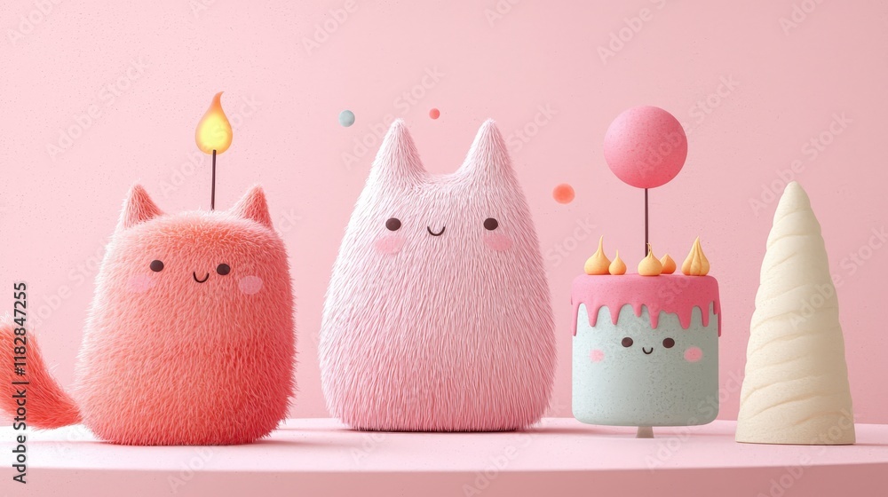 Poster Cute and Colorful Soft Toy Characters in a Playful Setting with Pink Background and Whimsical Decorations
