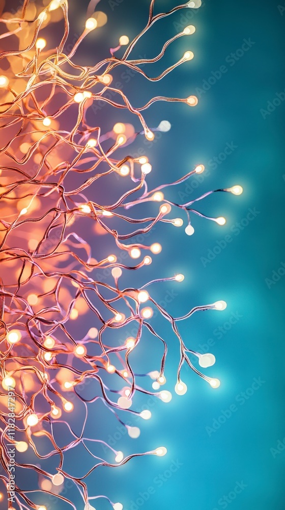 Poster beautifully arranged decorative string lights glowing on a turquoise background creating a magical a