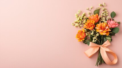 Fototapeta premium Beautiful Bouquet of Orange Roses and Yellow Flowers with Green Leaves and Satin Ribbon on Soft Background