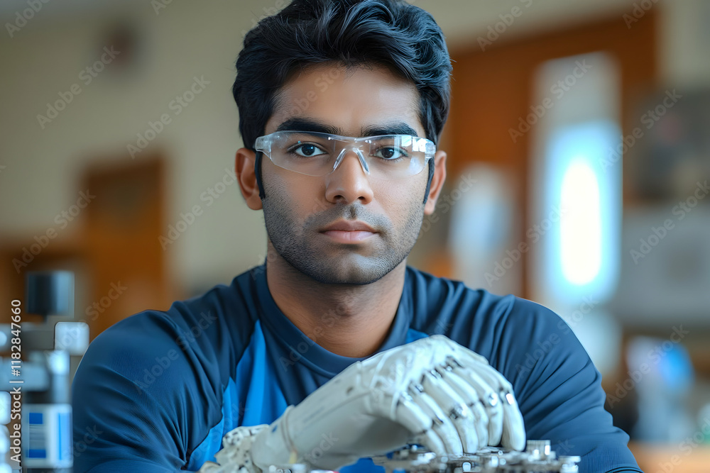 Poster engineer with robotic prosthetic arm works carefully in the lab on electronics and innovation.