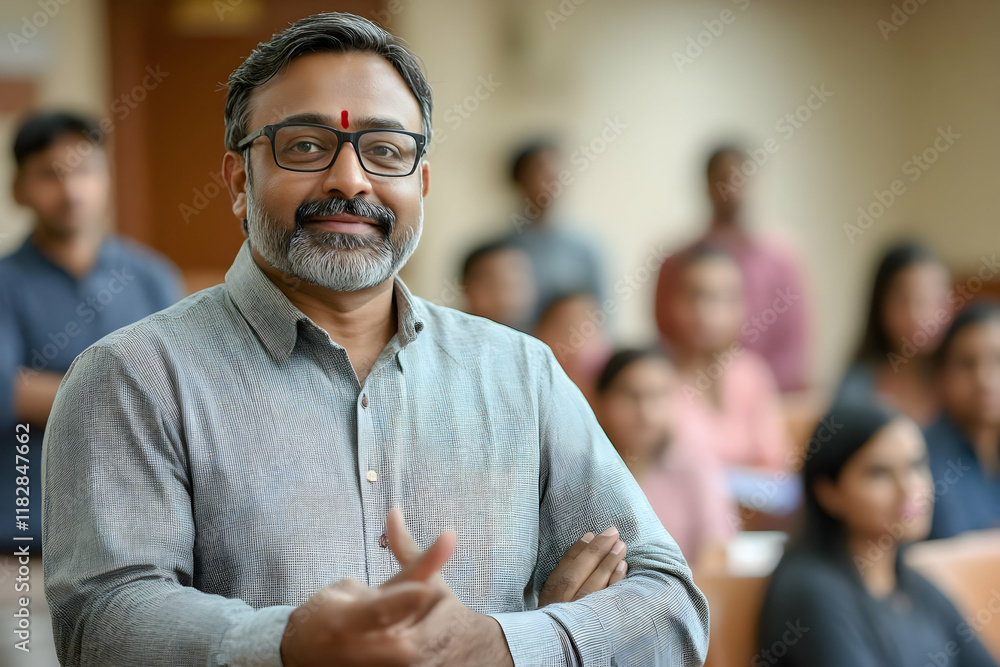 Poster confident professor stands before a classroom of attentive students in university lecture hall