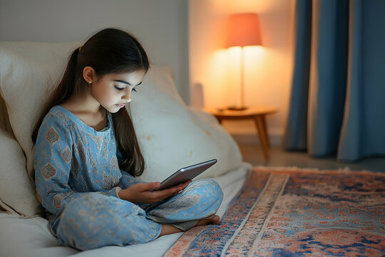 Young Girl Uses Tablet in Bed at Night with Soft Lamplight Illuminating Her Face