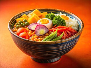 Vibrant Japanese Rice Bowl Photography: Colorful Donburi Food Image with Copy Space