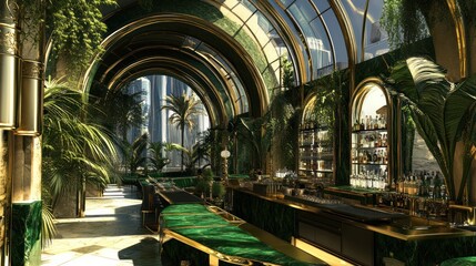 Luxurious Rooftop Bar; Emerald Green Design, City View