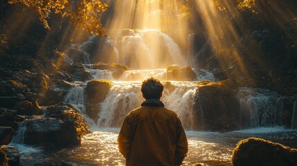 Obraz premium Man admires a sunlit waterfall.