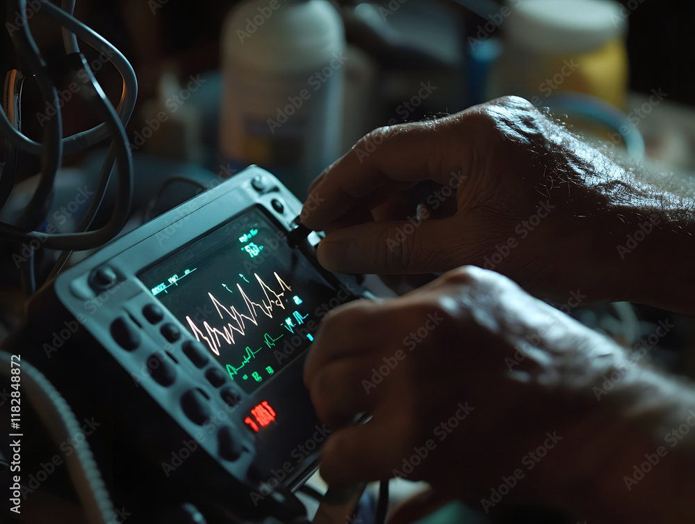 Poster heart rate monitor with waveform display and hands