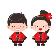 Naklejka premium A happy cartoon boy and girl in traditional Chinese clothing.