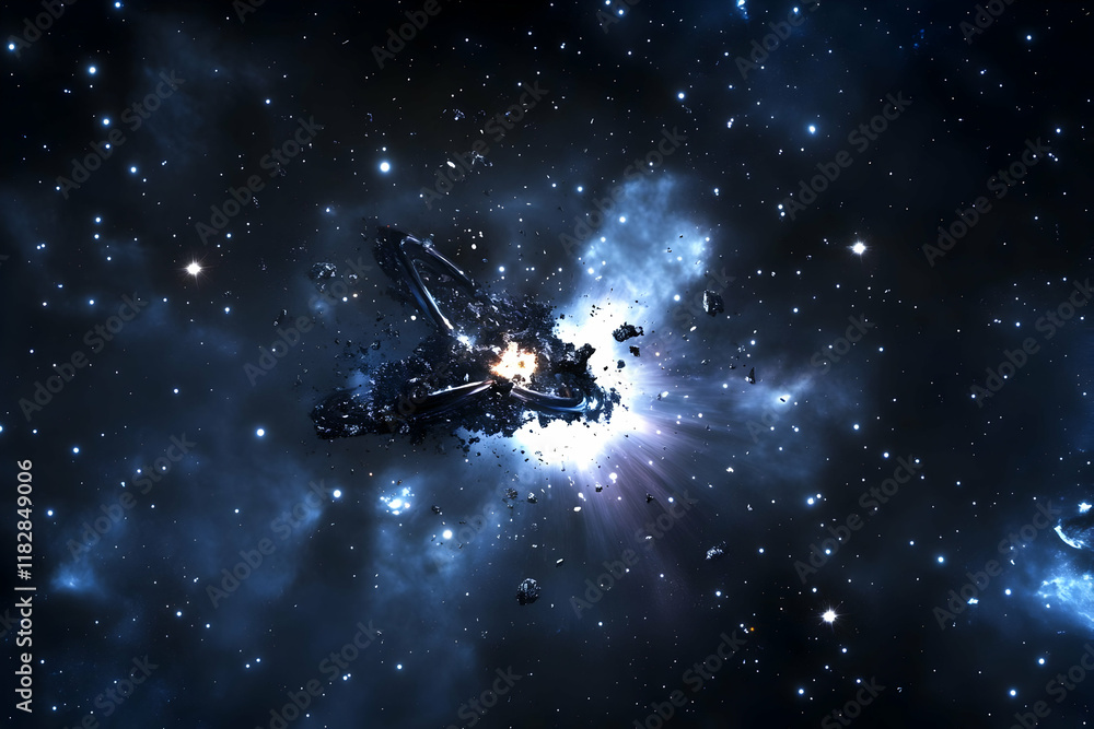 Poster asteroid explodes in deep space with bright light and debris scattered dramatically across a vast, d