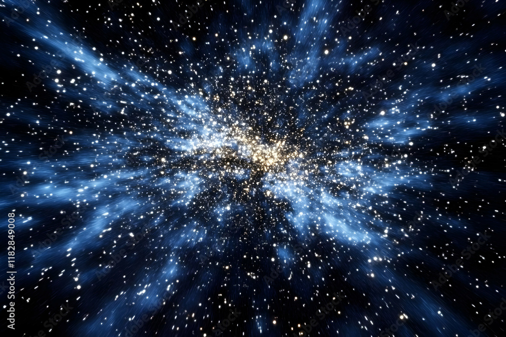 Poster abstract space background illustrates streaking stars and glowing nebulae in deep space dynamically
