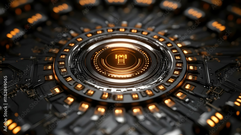 Poster futuristic circular device shows complex circuitry and glowing orange lights in a 3d render