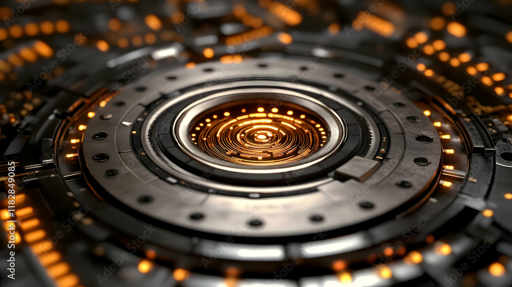 Poster intricate circular mechanism with glowing orange lights and metallic details in a 3d render