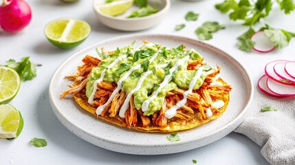 Delicious Chicken Tostada with Avocado Crema and Cilantro Garnish A Vibrant Mexican Food Dish