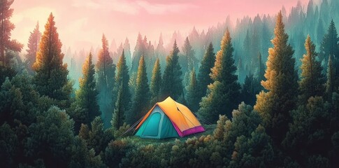 Whimsical Camping Adventure in Abstract Forest with Colorful Tent and Dreamy Atmosphere