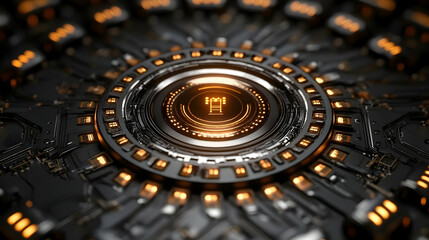 Futuristic Circular Device Shows Complex Circuitry and Glowing Orange Lights in a 3D Render
