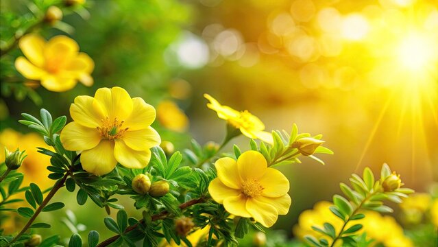 Vibrant Yellow Flowers of Tribulus Terrestris Plant in Natural Habitat - Stunning Botanical Close-Up for Nature Lovers, Garden Enthusiasts, and Floral Photography
