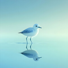 Obraz premium Small White Bird Wades in Calm Shallow Water with Reflection in Soft Blue Light
