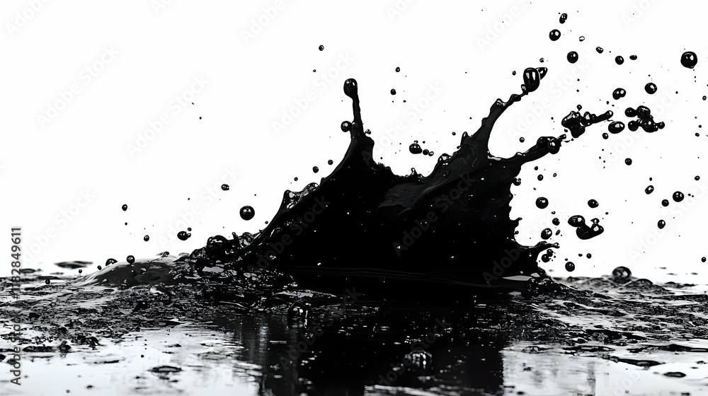 Aufkleber black liquid splashing and making ripples on a white background with reflection.