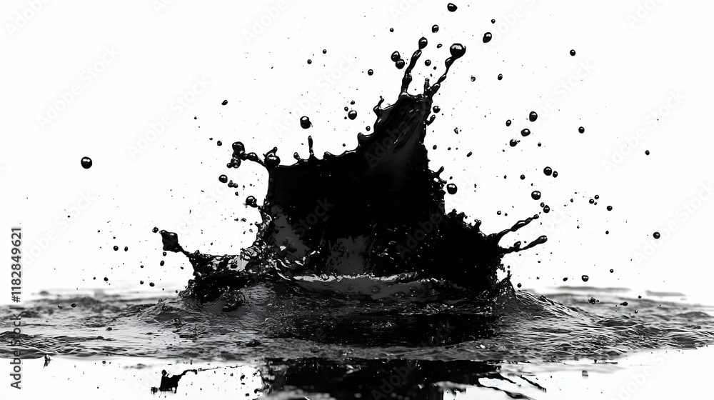 Poster black liquid splashes dynamically against a white backdrop, creating visually striking patterns.