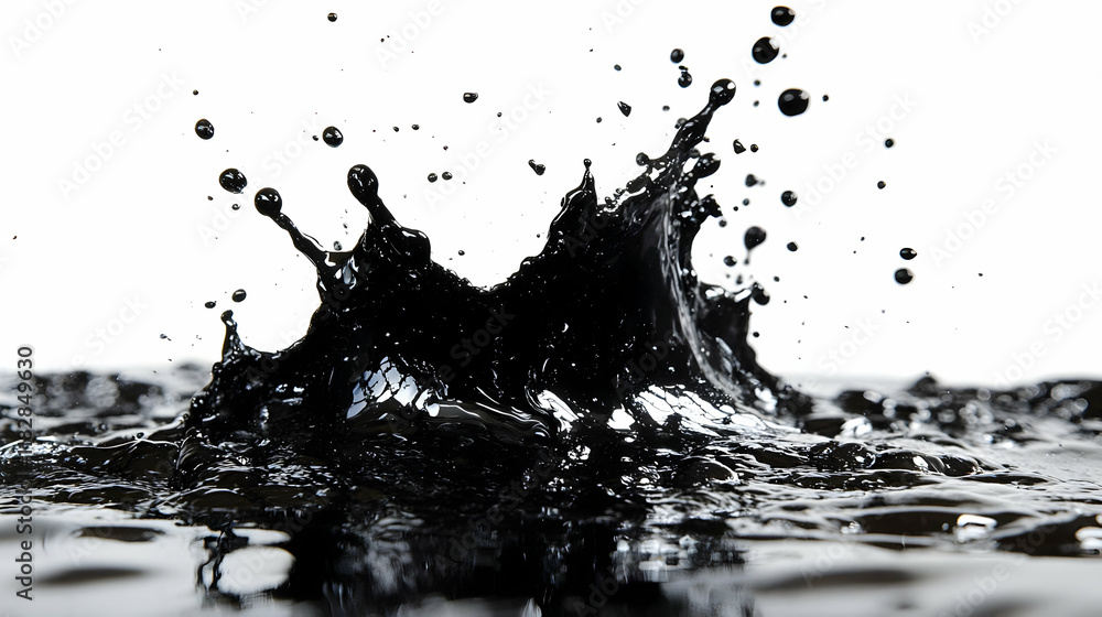 Poster black liquid splashes and forms crown-like shape with droplets dynamically scattered