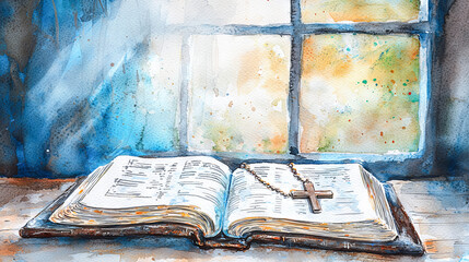 Ash Wednesday Watercolor Illustration of an Open Bible with a Cross Rosary on a Sunlit Window Sill. Concept of Faith, Spirituality, Religious Reflection
