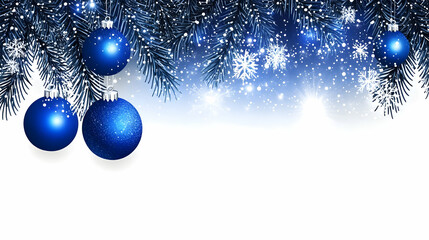 Blue Christmas Ornaments Hanging from Snowy Pine Branches with Sparkling Snowflakes