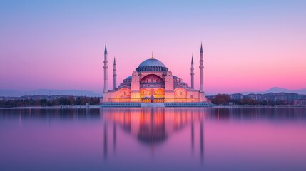 Fototapeta premium Monument cultural and iconic, A stunning mosque reflected in tranquil waters at twilight, showcasing vibrant colors and intricate architecture against a serene sky.