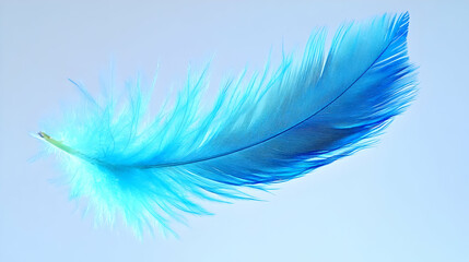 A Single Vibrant Blue Feather Floats Gracefully Against a Soft Blue Backdrop Gently