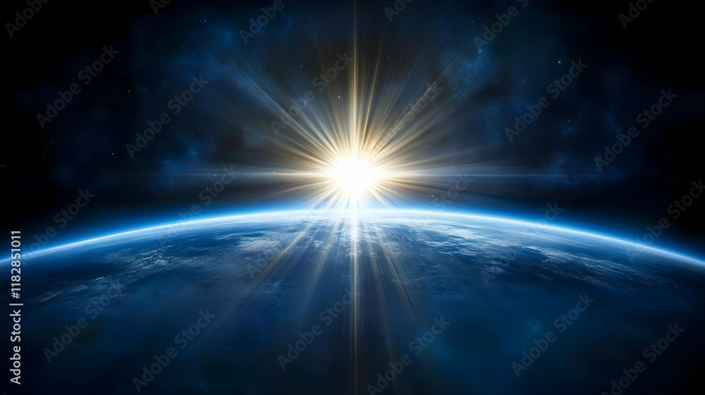 Poster sunrise illuminates an ocean planet in deep space with nebula background