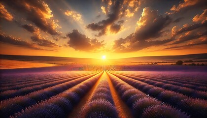 Vast field of lavender stretching toward the horizon, surrounded by golden light during sunset
