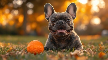Joyful French Bulldog Playing with Orange Ball in Green Grass during Golden Hour in Spring or Summer Outdoors