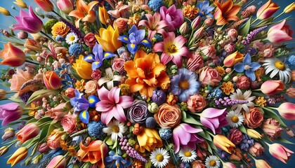 Obraz premium Colorful floral explosion with layers of tulips, daisies, and roses in a dynamic artistic arrangement