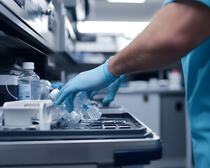 Laboratory Technician Handling Plastic Bottles in a Tray