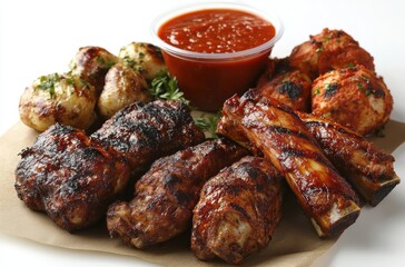 Grilled Barbecue Meat Platter with Juicy Chicken Wings, Tender Ribs, Flavorful Meatballs, and Savory Roasted Potatoes Served with Rich Tomato Sauce on a Rustic Background