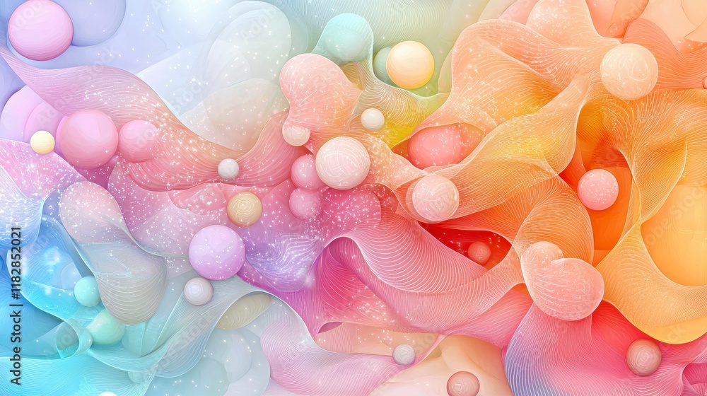 Poster colorful abstract background with flowing waves and soft shapes in pastel tones and light bubbles