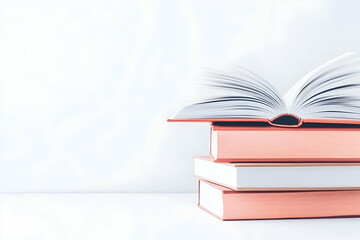 Open Book on Stack of Coral Books Sits Peacefully on a White Table