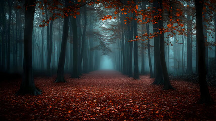 Misty Forest Path with Autumn Leaves Creates a Serene and Enchanting Atmosphere