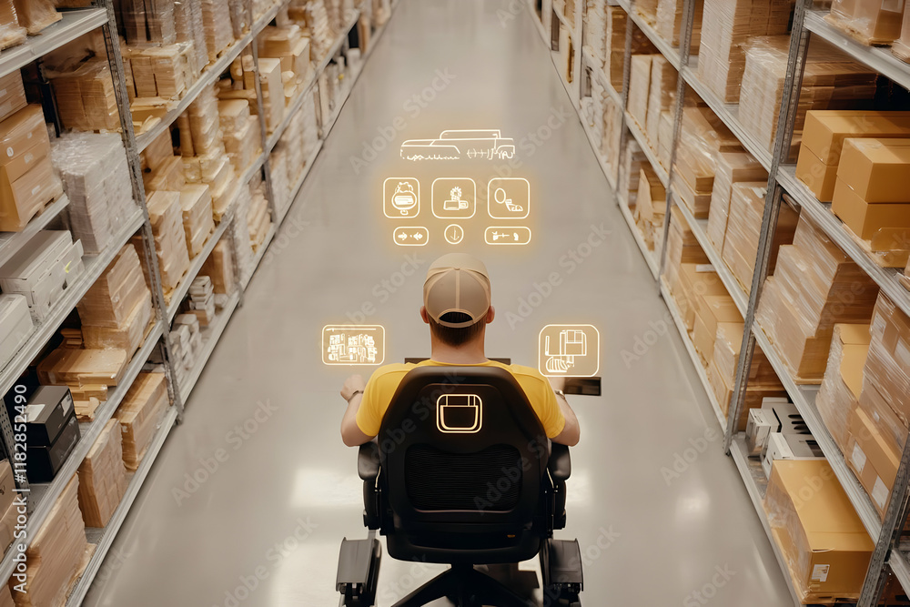 Poster warehouse worker uses futuristic interface to control automated guided vehicle efficiently in logist