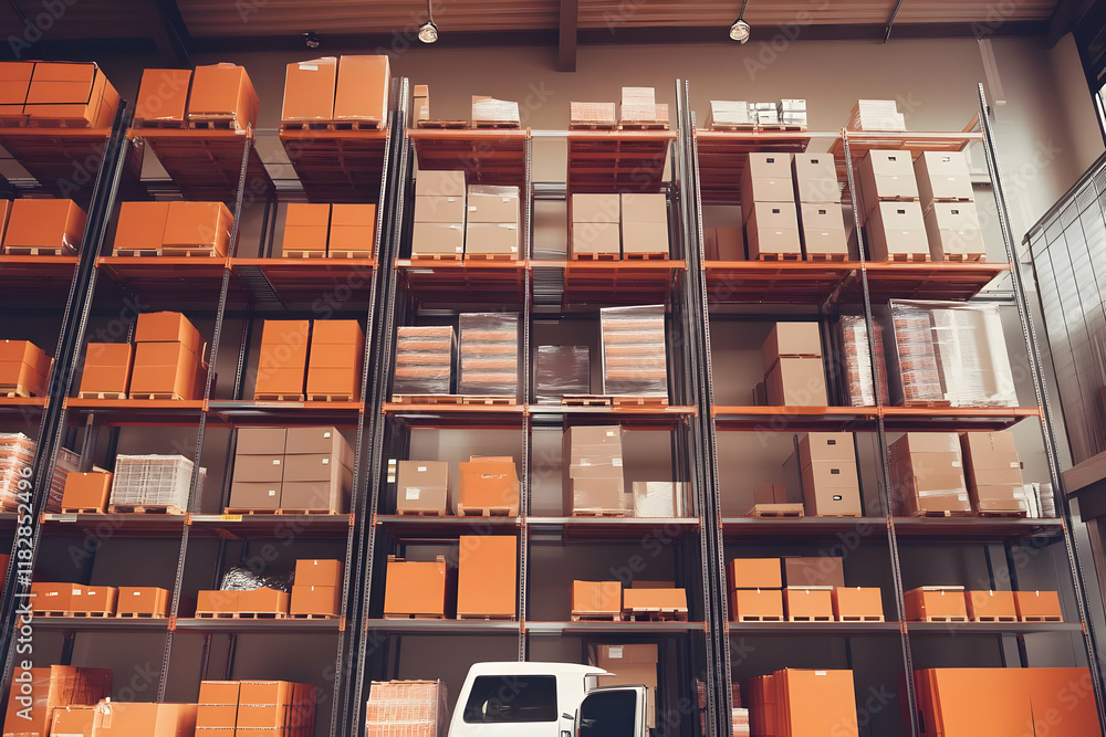 Poster warehouse shelves filled with cardboard boxes ready for loading into a delivery truck efficiently.