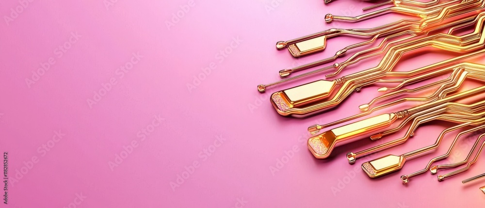 Poster abstract technology background with golden circuit lines on pink gradient surface for modern digital