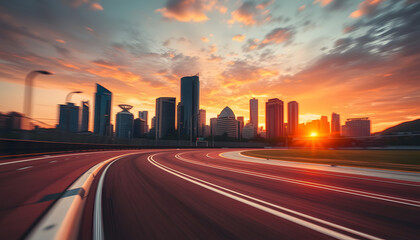Fototapeta premium Motion blur race track with sunset city skyline. Warm mood. isolated with white highlights