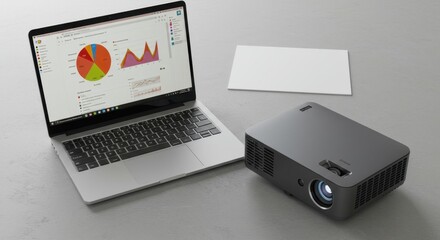 Modern business presentation setup with laptop and projector displaying analytics