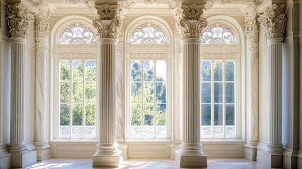 Naklejka premium Elegant Interior with Three Grand Windows and Classical Columns